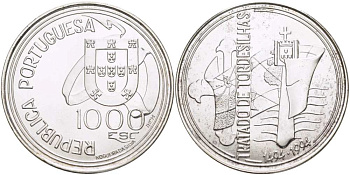 Португалия 1000 эскудо 1994 Тордесильясский договор 1494 года KM 675 серебро UNC 1085-8-51