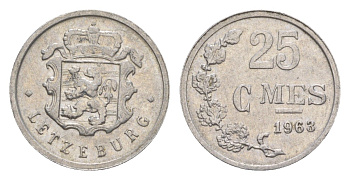 Люксембург 25 сантимов 1963 Шарлотта (1918-1964) KM 45a алюминий 4643-521