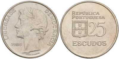 Португалия 25 эскудо 1985 KM 607а медно-никель 4557-1113