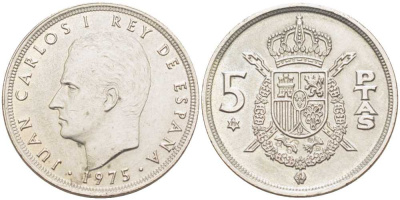 Испания 5 песет 1975 (79) Хуан Карлос I (1975-2014) KM 807 медно-никель 213-153