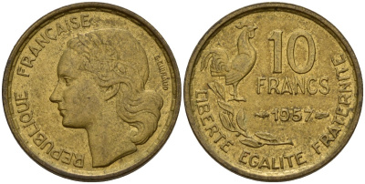 Франция 10 франков 1957 B, петух KM 915.2, Le Franc 363.5 алюминиевая бронза 4159-925