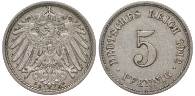 Германия 5 пфеннигов 1912 A, KM 11, J. 12 медно-никель 25-2313