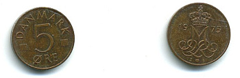 Дания 5 эре 1975 S; B, Маргрете II (1972- ) KM 859.1 железо плакированное медью 59-1236