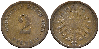 ГЕРМАНИЯ 2 ПФЕННИГА 1875 G, СТАРОГЕРБОВКА KM 2, J.2 медь 72-1417