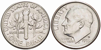 США 10 ЦЕНТОВ = 1 ДАЙМ 1993 D, РУЗВЕЛЬТ KM 195а медь плакированная медно-никелем 105-649