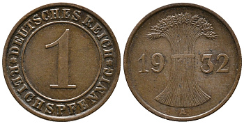 ГЕРМАНИЯ 1 РЕЙХСПФЕННИГ 1932 A KM 37, J. 313 бронза 39-1058