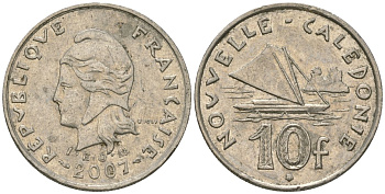 Французская Новая Каледония 10 франков 2007 рыбачья парусная лодка, (IEOM) KM 11a, Schoen 13a, Lec 99k медно-никель 58-1117