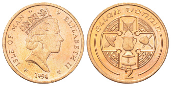 Остров Мэн 2 пенса 1994 KM 208 бронза UNC 4624-337