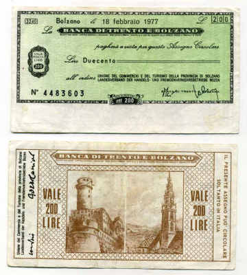Италия чек на 200 лир 1977 Banca Di trento e bolzano, союз торговли и туризма провинции bolzano, 18 февраля 1977 бумага 8588-19-3-1