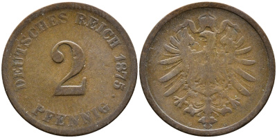 ГЕРМАНИЯ 2 ПФЕННИГА 1875 G, СТАРОГЕРБОВКА KM 2, J.2 медь 72-1417