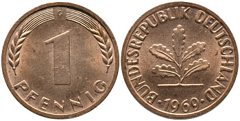 ФРГ 1 пфеннига 1969 G KM 105, J. 380 сталь плакированная медью UNC 99-1256
