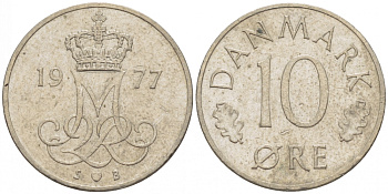 ДАНИЯ 10 ЭРЕ 1977 S; B, МАРГРЕТЕ II (1972-) KM 860.1 медно-никель 3309-163