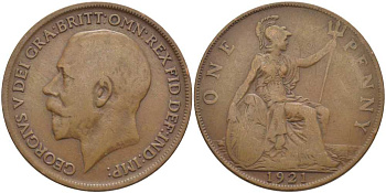 Великобритания 1 пенни 1921 Георг V (1910-1936) KM 810, Spink 4051 бронза 115-215