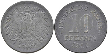 ГЕРМАНИЯ 10 ПФЕННИНГОВ 1919 KM 26, J.299, Weege 8 цинк 202-214
