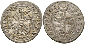 Австрия, Зальцбург 2 крейцера 1697 Иоганн Эрнст фон Тун (1687-1709) KM 280, Probszt 1866, Zöttl 2230 серебро 413-5423