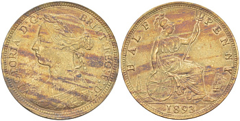 Великобритания 1/2 пенни 1893 Виктория (1837-1901) KM 754, Spink 3956 бронза  4543-1235