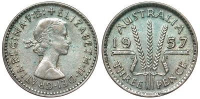Австралия 3 пенса 1957 m, Елизавета II (1952-2022) KM 57 серебро 71-521