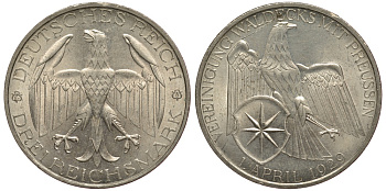 Германия 3 марки 1929 A, союз Вальдека с Пруссией J. 337, KM 62 серебро UNC 00-803-17