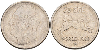 Норвегия 50 эре 1966 Улаф V (1957-1991), собака KM 408 медно-никель 4582-714