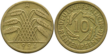 Германия 10 рентенпфеннигов 1924 A KM 33 алюминиевая бронза 4163-754