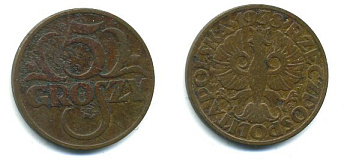 ПОЛЬША 5 ГРОШЕЙ 1938 w KM 10а бронза 46-538