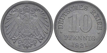 ГЕРМАНИЯ 10 ПФЕННИГОВ 1921 (1917-1922) KM 26, J. 299, Weege 8 цинк 210-242