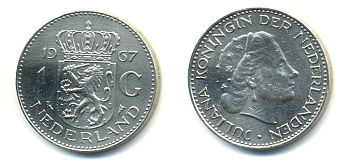 Нидерланды 1 гульден 1967 Юлиана (1948-1980) KM 184а никель 84-735