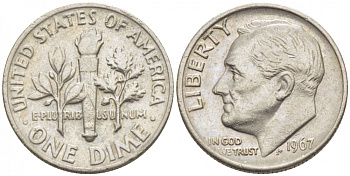США 10 центов (дайм) 1967 Рузвельт KM 195а медь плакированная медно-никелем 105-1049