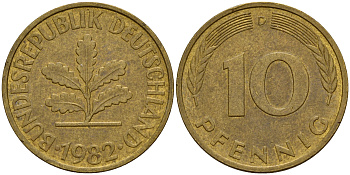ФРГ 10 пфеннигов 1982 D J. 383, KM 108 сталь плакированная латунью    4603-521
