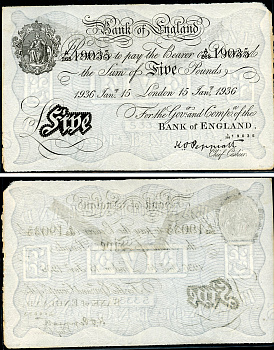 Англия 5 фунтов 1936 Лондон, 14 февраля, Операция "Бернхард", фальшивка в ущерб денежному обращению PW № RB103, Pick 337 a  бумага   444-49-1-1
