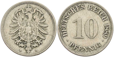 ГЕРМАНИЯ 10 ПФЕННИГОВ 1889 D, СТАРОГЕРБОВКА KM 4, J. 4 медно-никель 4401-336
