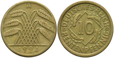 Германия 10 рентенпфеннигов 1924 A KM 33 алюминиевая бронза 4163-754