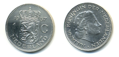 Нидерланды 1 гульден 1967 Юлиана (1948-1980) KM 184а никель 84-735