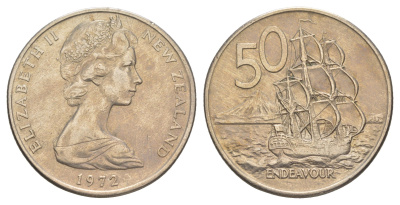 Новая Зеландия 50 центов 1972 Елизавета II (1952-2022), парусник Индевор KM 37 медно-никель 00-00