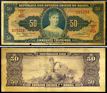 Бразилия 50 крузейро 1961 Соединённые Штаты Бразилии, Изабел Браганс Pick 169 бумага 7148-38-3-1