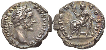 Римская Империя денарий 156 - 157 Антонин Пий, ANTONINVS AVG PIVS PP IMP II, бюст императора / TR POT X COS IIII, Церера, Рим, 3,70 гр RIC 259 серебро 1073-18-94