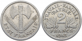 Франция 2 франка 1943 правительство Виши KM 904.1 алюминий 114-742