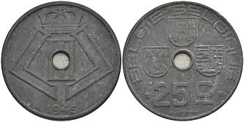 Бельгия 25 сантимов 1946 Belgie-Belgique, германская оккупация KM 132 цинк 4126-153