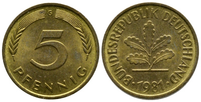 ФРГ 5 ПФЕННИГОВ 1981 G KM 107, J. 382 сталь плакированная латунью 179-1037