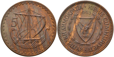 Кипр 5 милей 1963 KM 39 бронза 4141-447