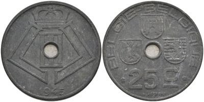 Бельгия 25 сантимов 1946 Belgie-Belgique, германская оккупация KM 132 цинк 4126-153
