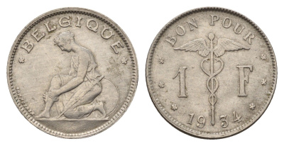 Бельгия 1 франк 1934 Belgique KM 89 никель 4119-1211