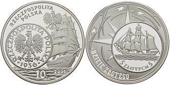 Польша 10 злотых 2005 MW, происхождение злотого, 5 злотых 1936, парусник, порт Гданьска KM 568 серебро PROOF 1074-8-62