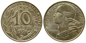 ФРАНЦИЯ 10 САНТИМОВ 1998 KM 929 медь алюминий никель 4110-1743