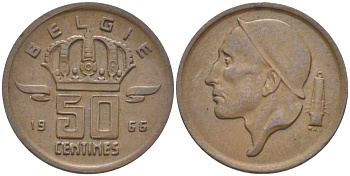 БЕЛЬГИЯ 50 САНТИМОВ 1966 BELGIE, БОДУЭН I (1951-1993) KM 149.1 бронза 116-1027