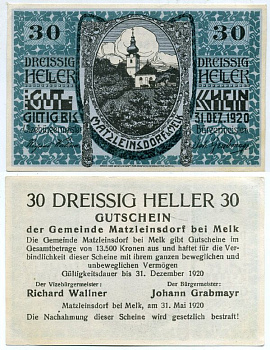Австрия, Матцлейнсдорф (Мельк) 30 геллеров 1920 нотгельд бумага UNC 444-139-2