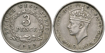 Британская Западная Африка 3 пенса 1939 Н, Георг VI (1937-1952) KM 21 медно-никель 27-1035