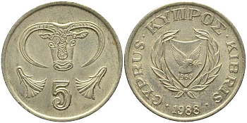 КИПР 5 ЦЕНТОВ 1988 ГОЛОВА БЫКА KM 55.2 никель латунь 113-742