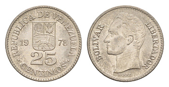 Венесуэла 25 сентимо 1978 Симон Боливар Y 50 никель aUNC 4649-851