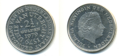 Нидерланды 2 1/2 гульдена 1979 400 лет Утрехтскому союзу, Юлиана (1949-1980) KM 197 никель 4379-1434